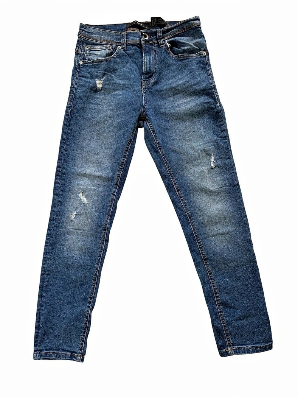Zara Men's Distressed Slim Jeans in Blue